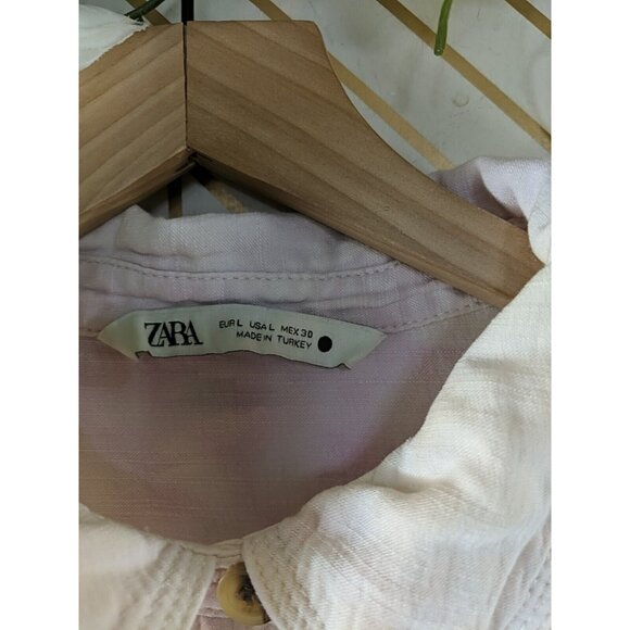 ZARA Women's Pink White Tie Dye Button Up Puff Sleeve Collar Long SleeSize Large - Picture 4 of 6